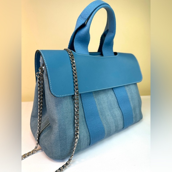 Hermes Valparaiso PM Bag Blue Chevron Canvas Blue Leather, Pouch, Dustbag COA - Picture 3 of 17